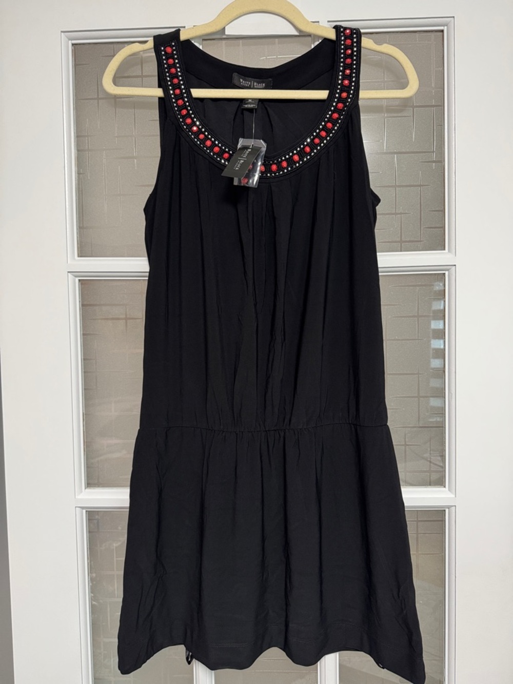 White House Black Market Black Sleeveless Mini Dress with Red Beaded Neckline